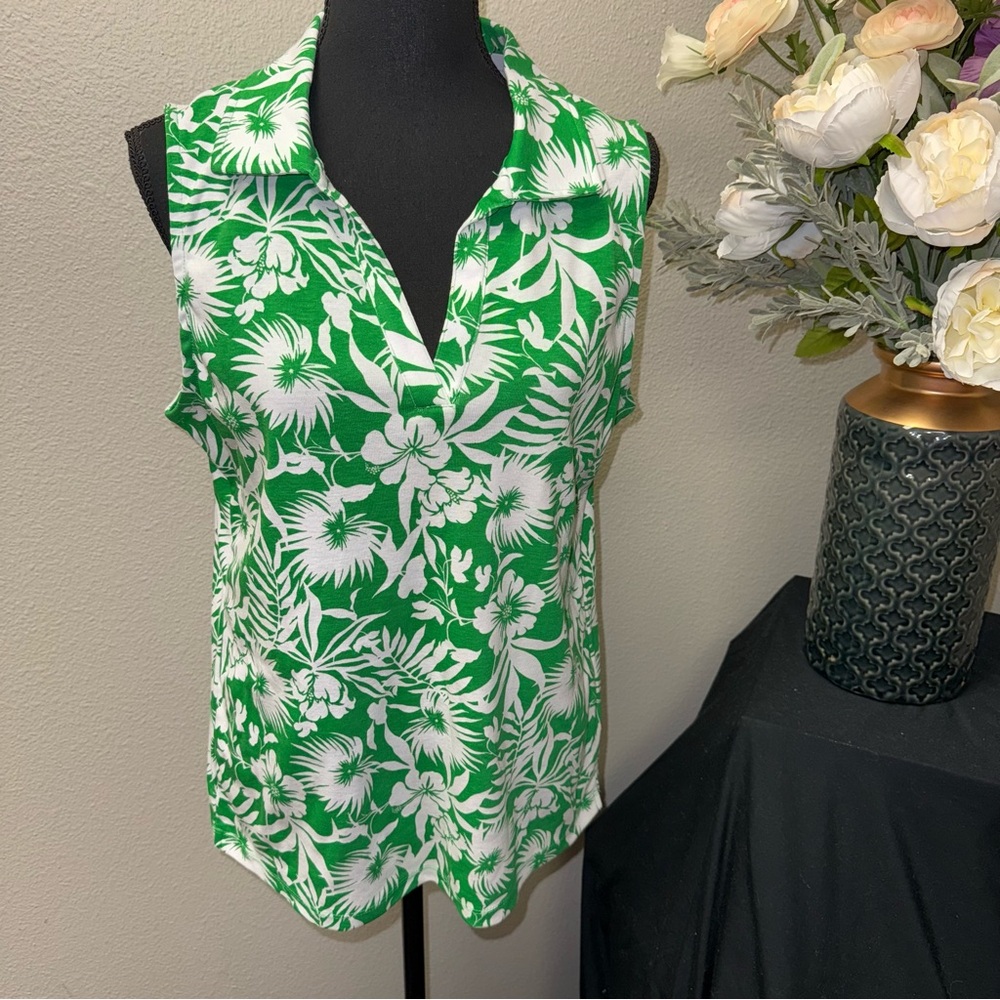 NWT Rafaella Green Tropical Sleeveless Polo Tunic Top Large